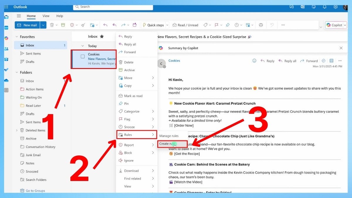 Sử dụng Rules để tự động phân loại mail Outlook bước 1