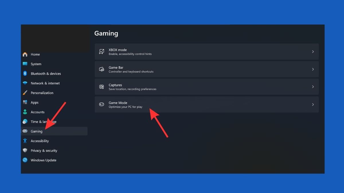 Chọn mục Gaming tại danh sách tùy chọn bên tay trái