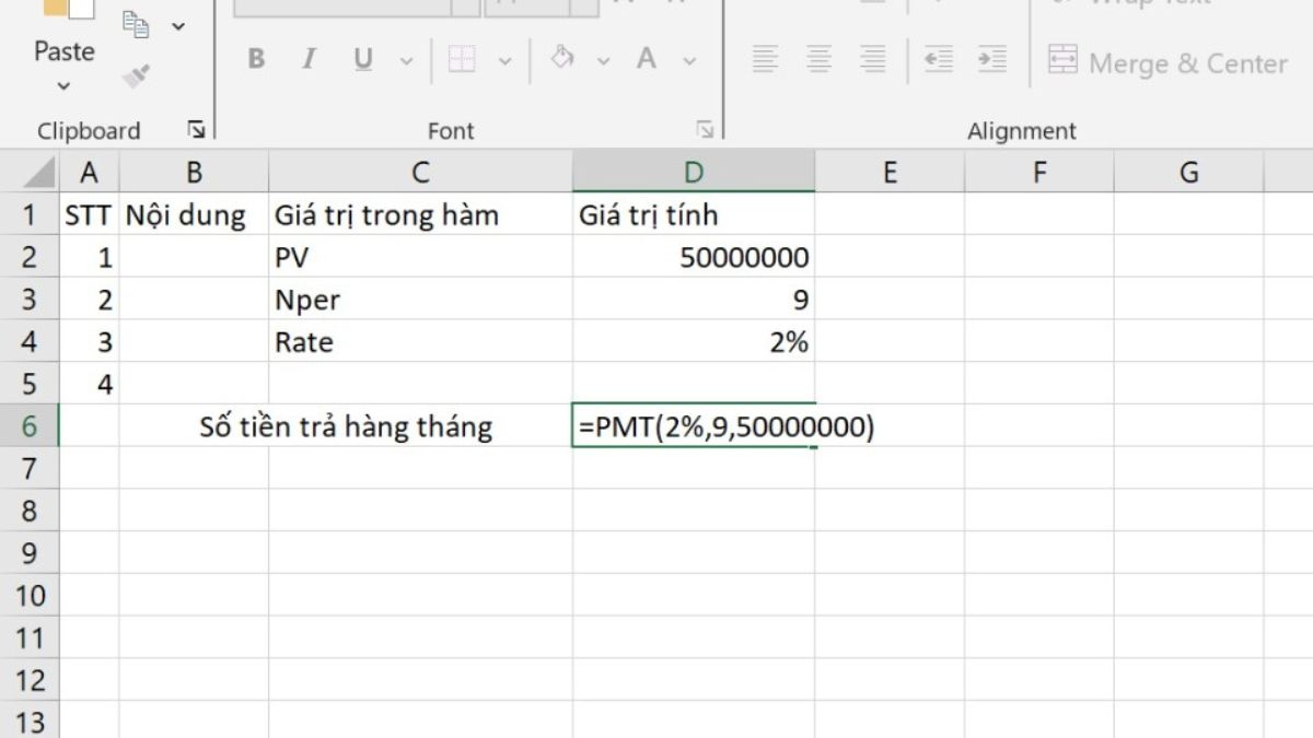 Sử dụng hàm PMT trong Excel