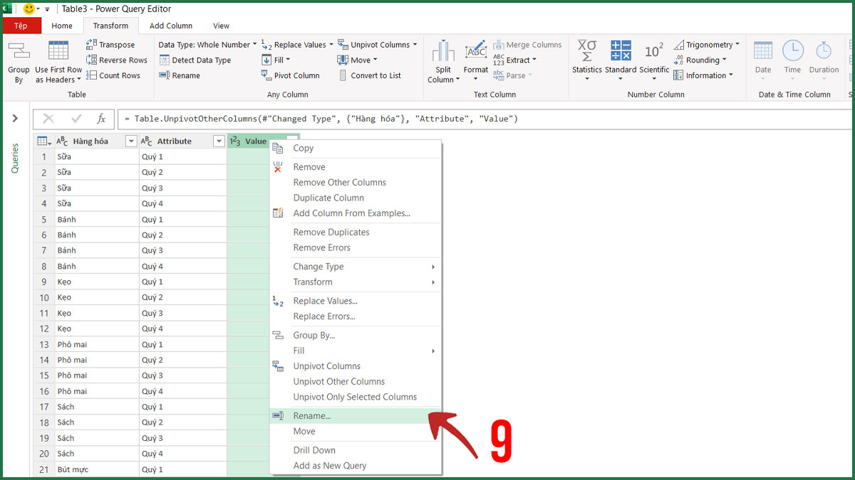 Ví dụ dùng Power Query đưa dữ liệu doanh thu theo quý về dạng chuẩn bước 4