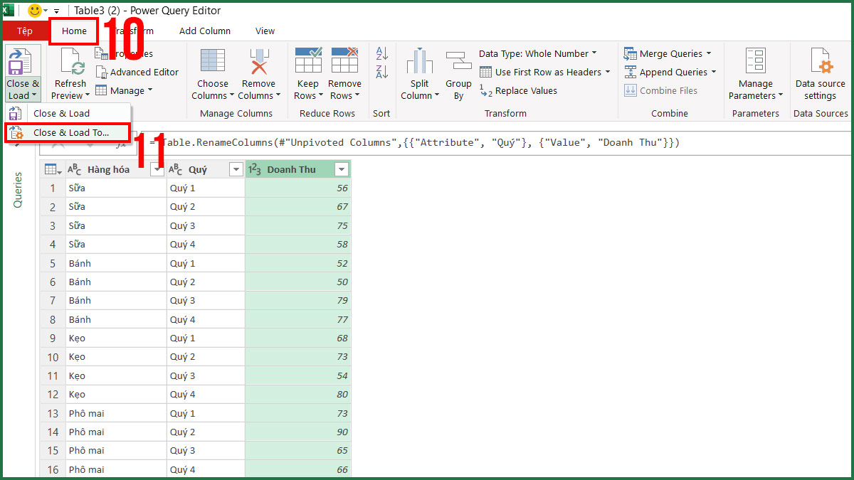 Ví dụ dùng Power Query đưa dữ liệu doanh thu theo quý về dạng chuẩn bước 5