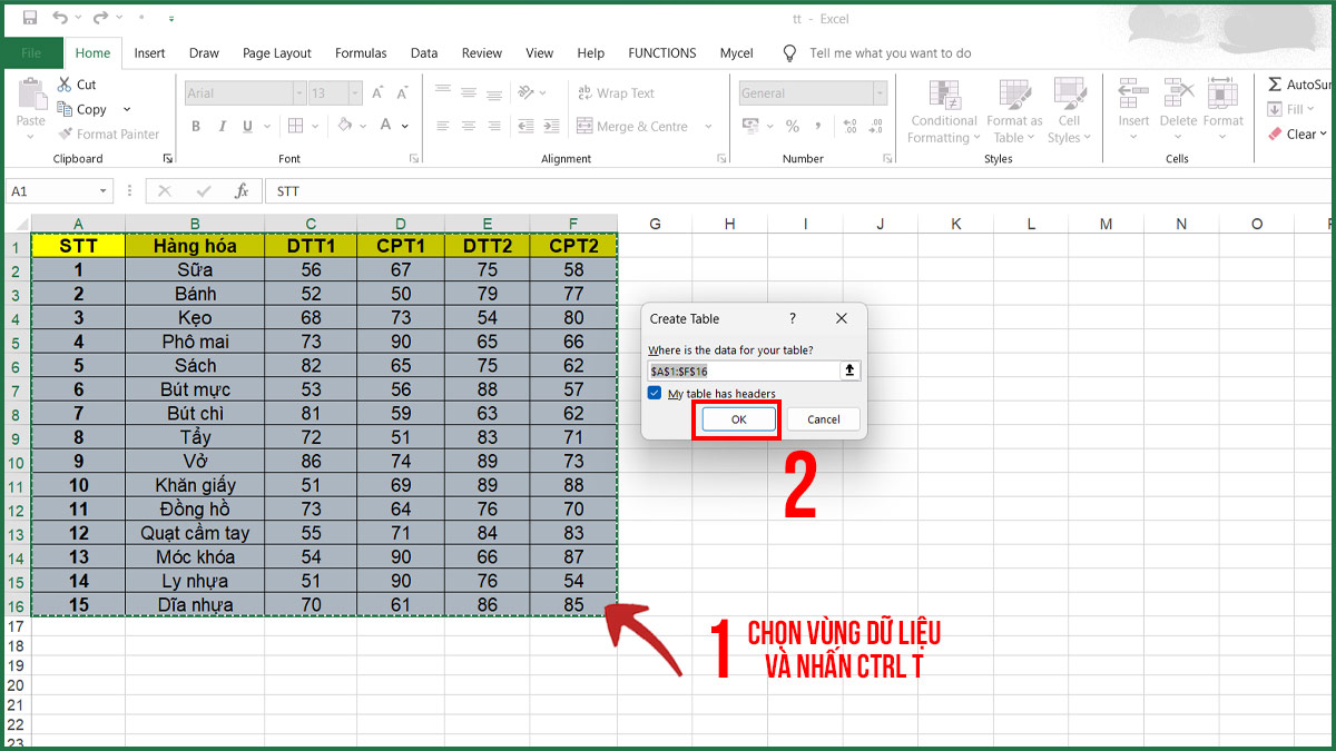 Dùng Power Query trong Excel để sắp xếp lại dữ liệu bước 1