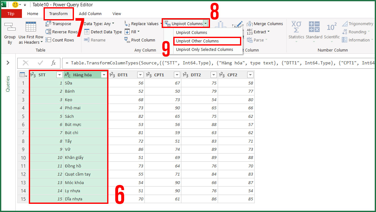 Dùng Power Query trong Excel để sắp xếp lại dữ liệu bước 2