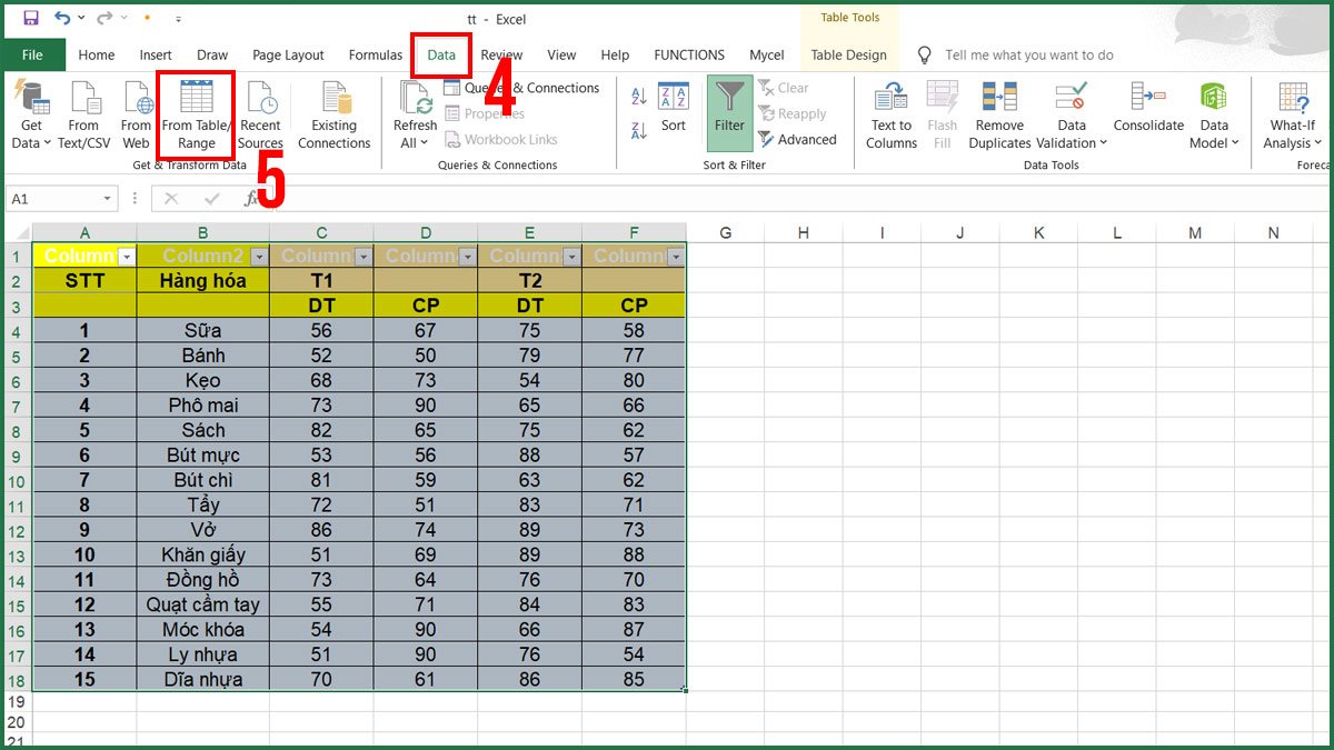 Dùng Power Query trong Excel để giải quyết bảng có ô gộp bước 1 2