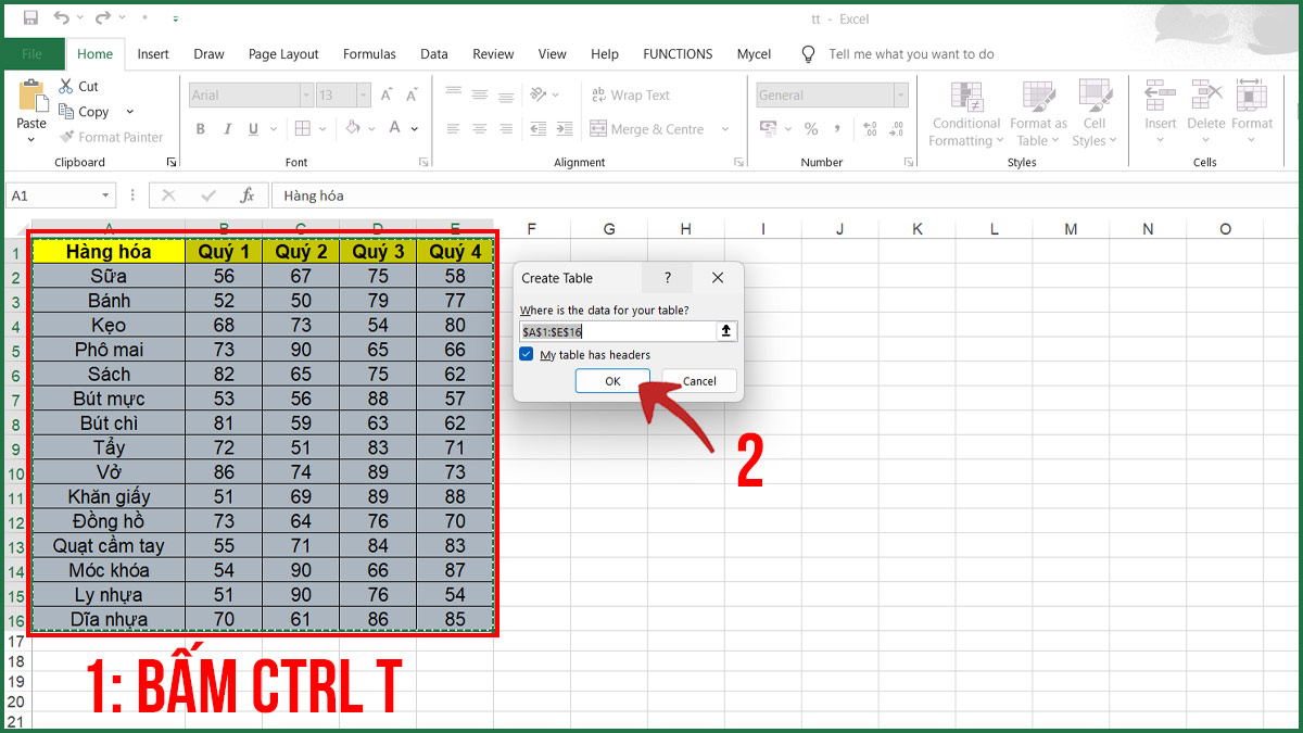 Ví dụ dùng Power Query đưa dữ liệu doanh thu theo quý về dạng chuẩn bước 1