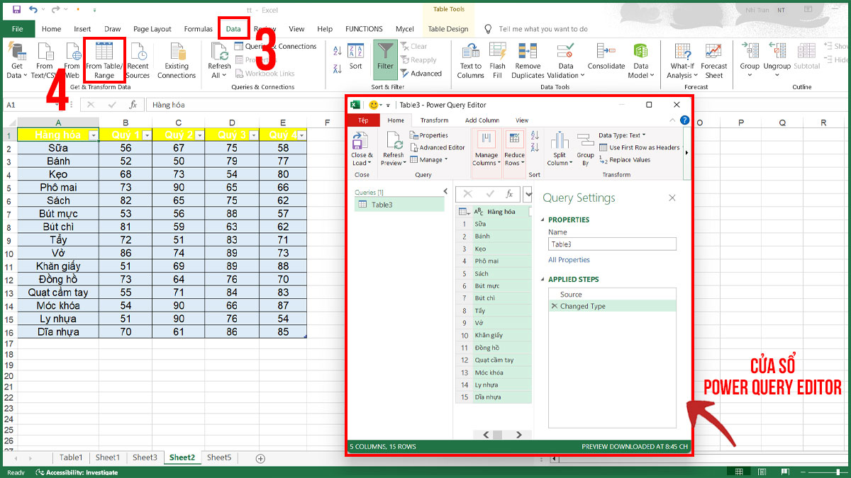 Ví dụ dùng Power Query đưa dữ liệu doanh thu theo quý về dạng chuẩn bước 2