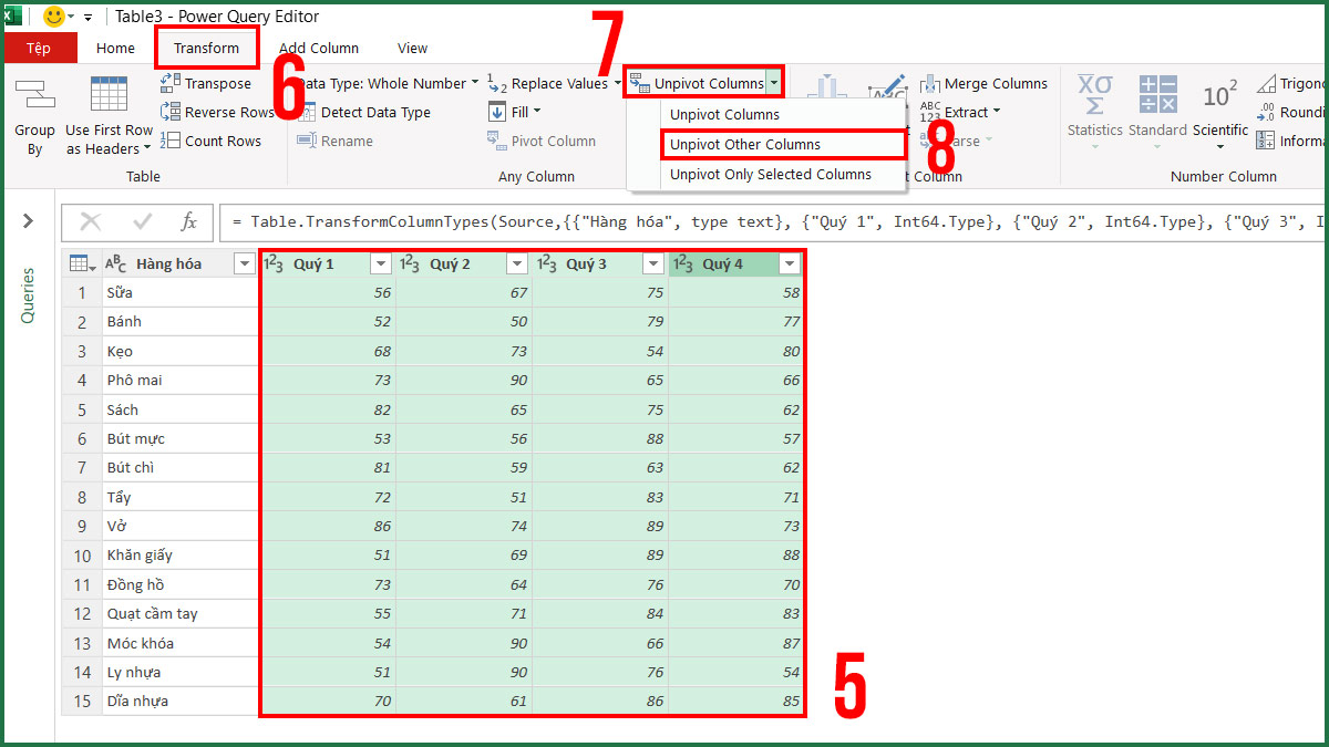 Ví dụ dùng Power Query đưa dữ liệu doanh thu theo quý về dạng chuẩn bước 3