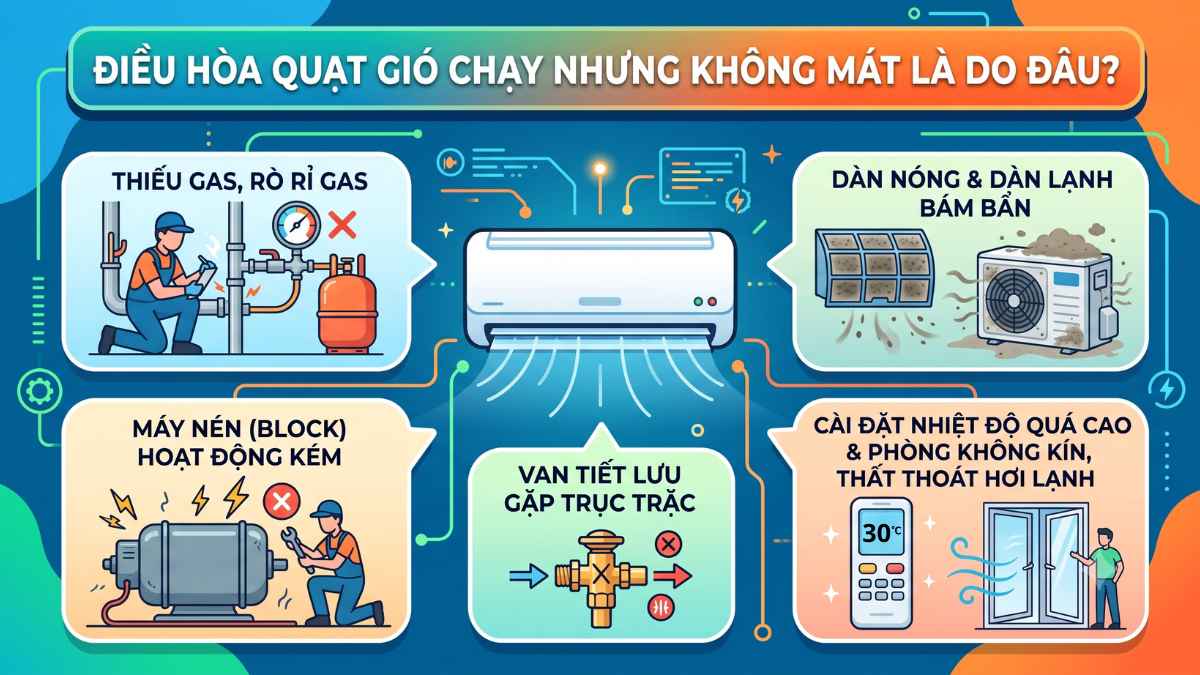 Quạt gió điều hòa chạy nhưng không mát
