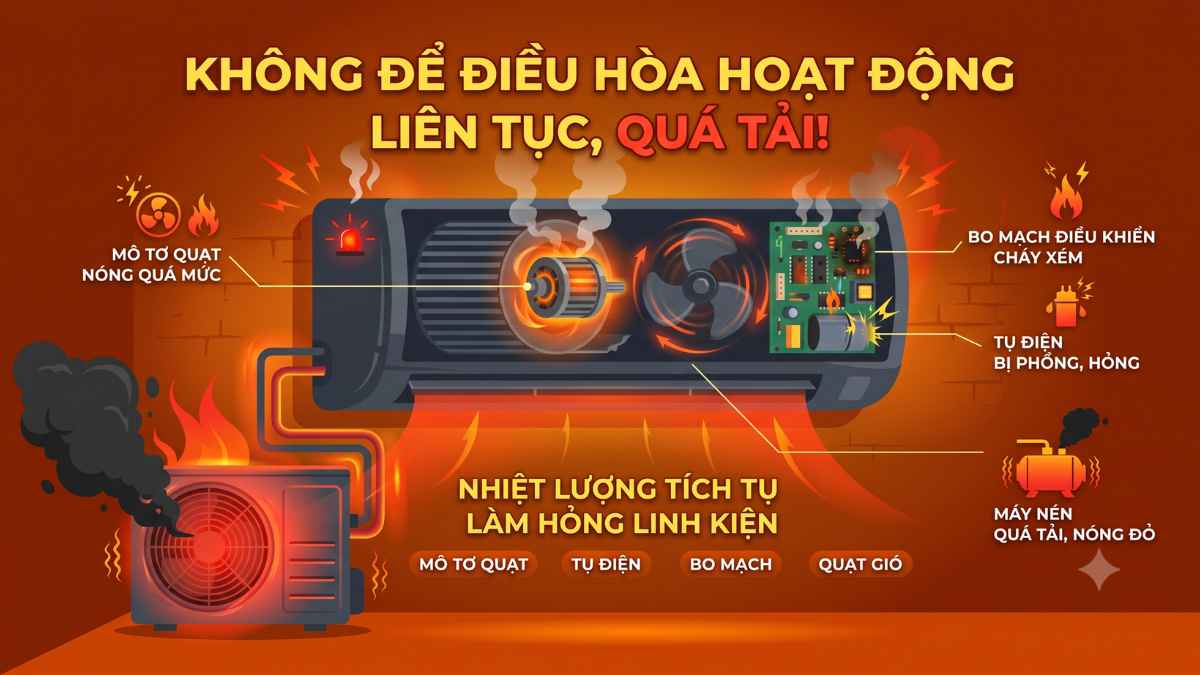 Không để điều hòa hoạt động liên tục quá tải