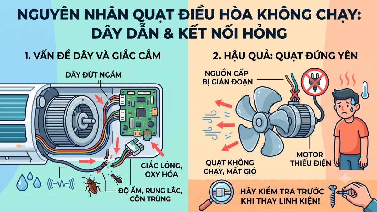 Dây nguồn hoặc dây tín hiệu cấp cho quạt bị đứt và lỏng