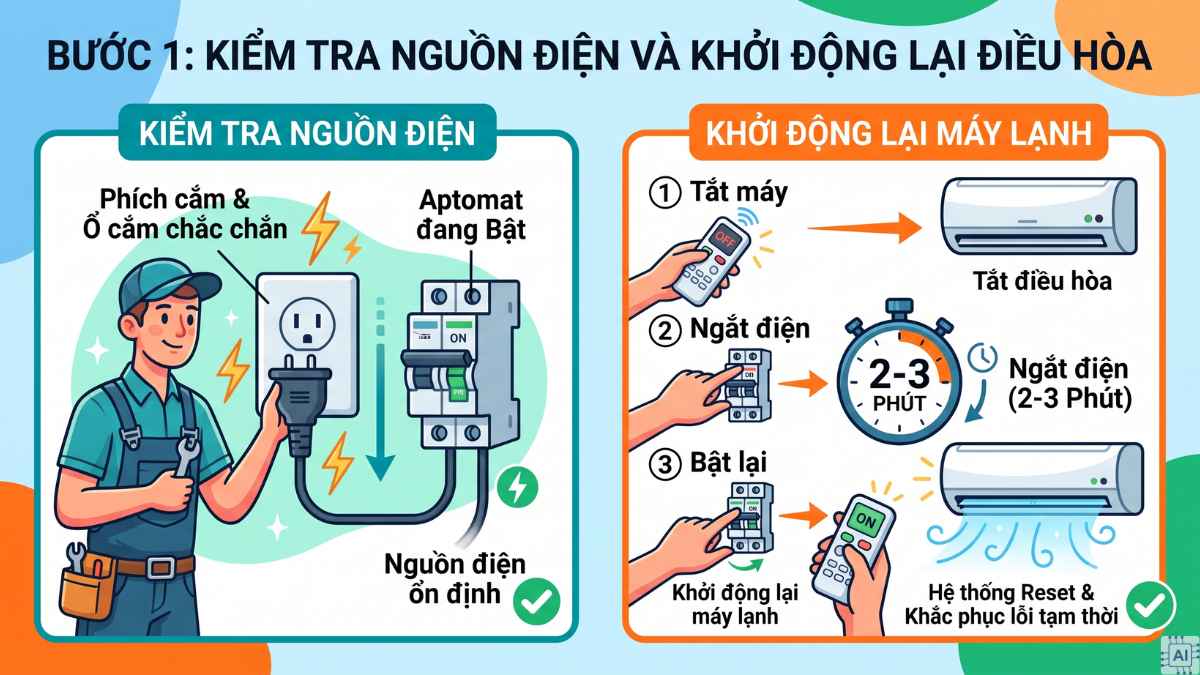 Kiểm tra nguồn điện và khởi động lại điều hòa