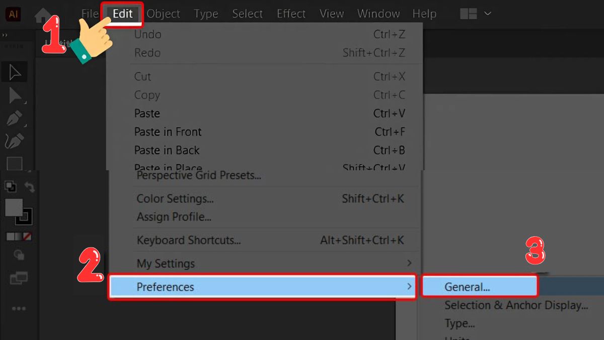 Reset Illustrator về mặc định trong Preferences bước 1 (Hình minh họa)