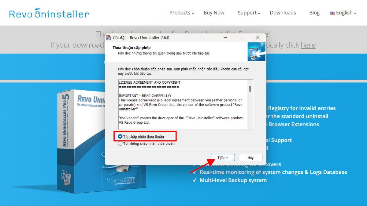 Chấp nhận điều khoản và điều kiện trước khi  thiết lập Revo Uninstaller