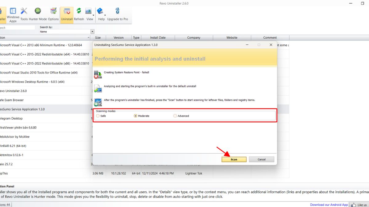 Chọn một trong các chế độ gỡ bỏ phù hợp của Revo Uninstaller