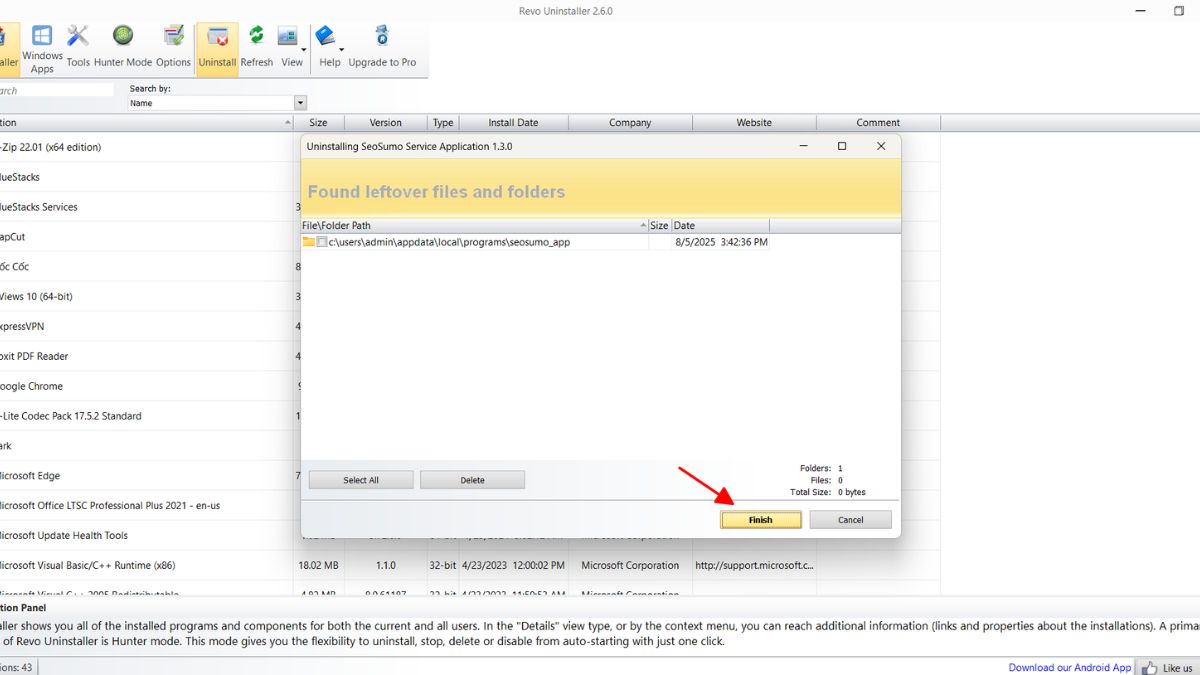 Xác nhận hoàn thành quá trình gỡ ứng dụng bằng Revo Uninstaller