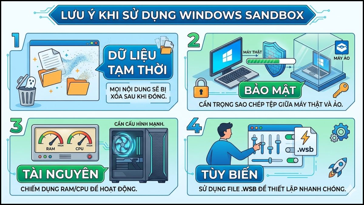 Một số lưu ý khi kích hoạt và sử dụng Sandbox về máy tính, PC