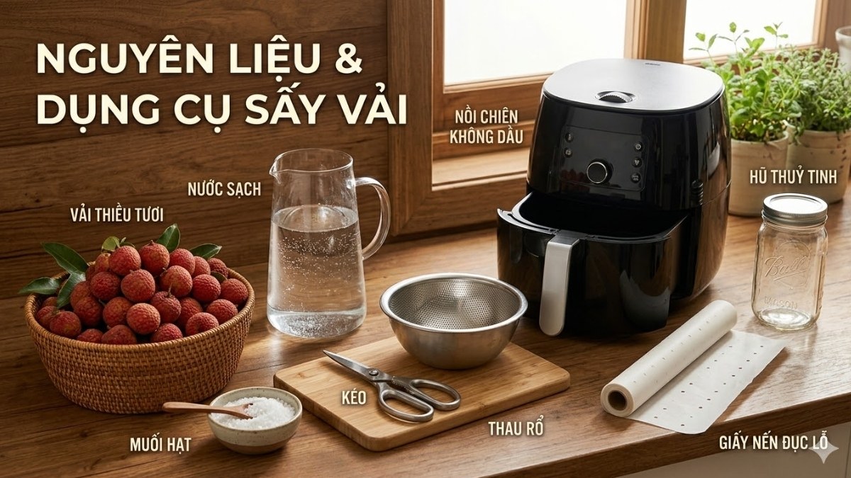 Nguyên liệu và dụng cụ cần thiêt để làm vải sấy bằng nồi chiên không dầu
