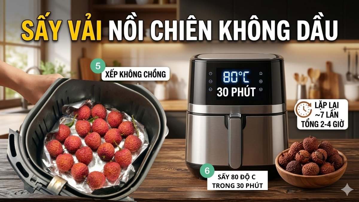 Hướng dẫn sấy vải khô bằng nồi chiên không dầu chi tiết bước 3