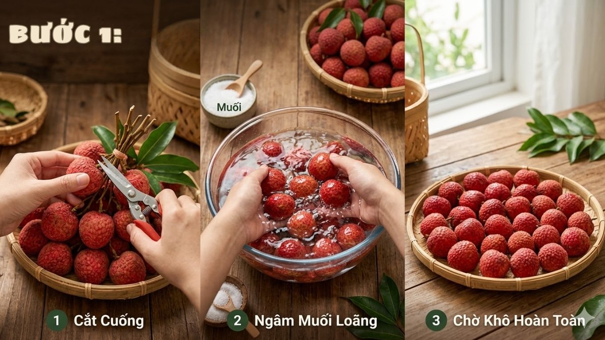 Cách sấy vải khô bằng nồi chiên không dầu không cần luộc bước 1