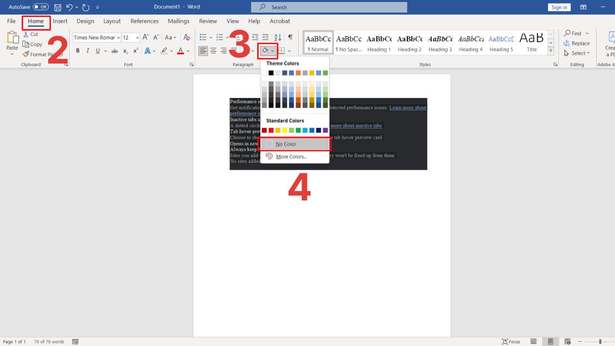 Sử dụng chức năng Shading để khắc phục lỗi chữ bị bôi đen trong Word bước 3