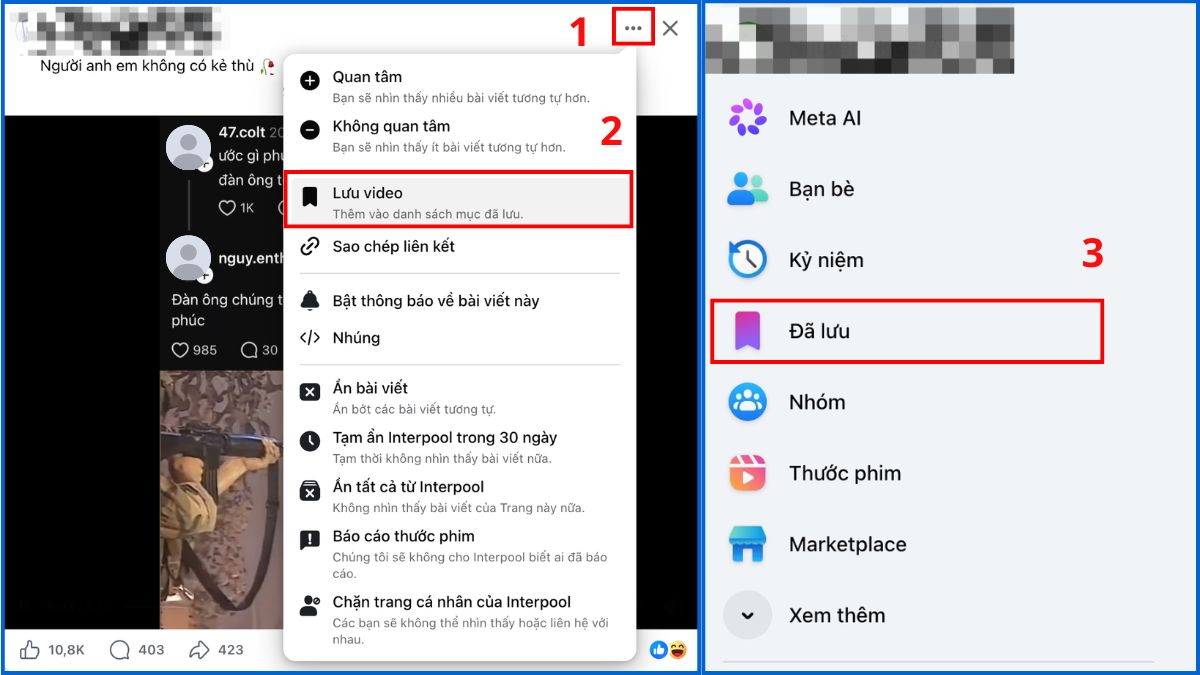 Sử dụng tính năng Đã lưu của Facebook để lưu video