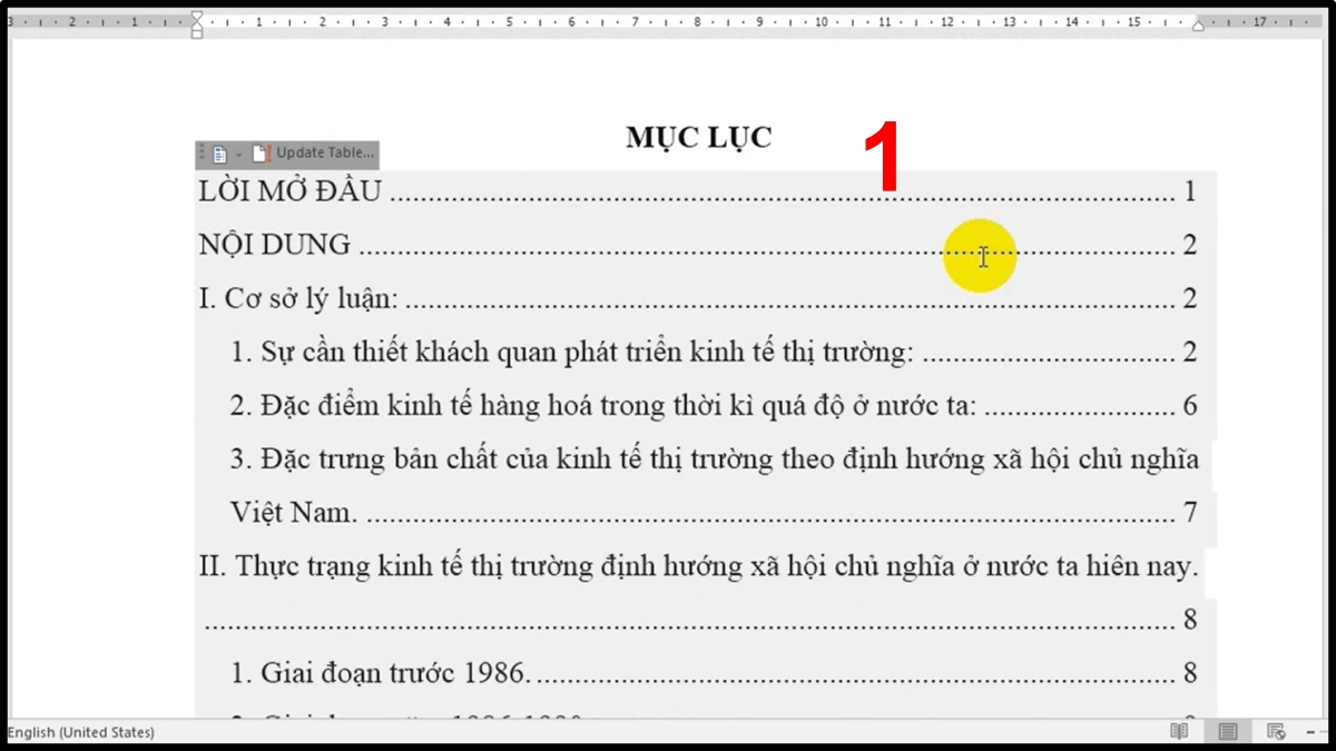 Cách tùy chỉnh và cập nhật mục lục bước 1