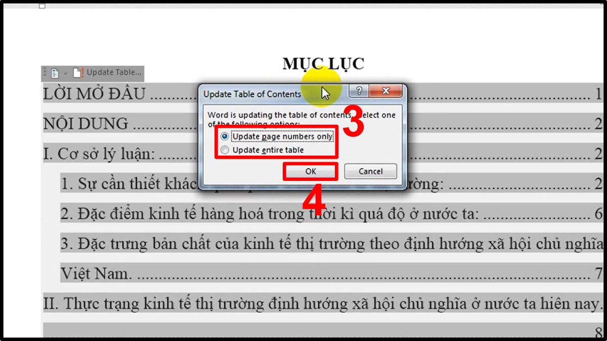 Cách tùy chỉnh và cập nhật mục lục bước 3