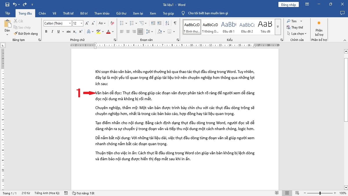 Cách thụt đầu dòng trong Word bằng Tab bước 1 (Hình minh họa)