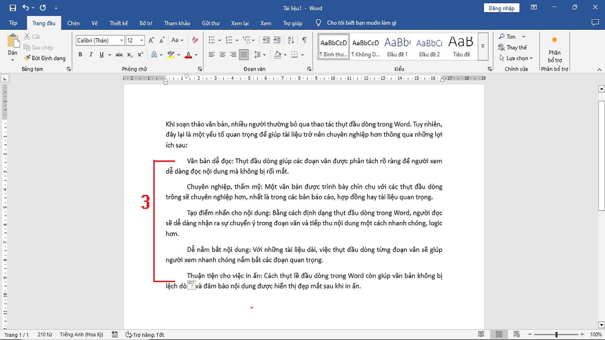 Cách thụt đầu dòng trong Word bằng Tab bước 3 (Hình minh họa)