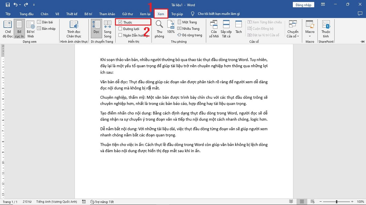 Cách thụt đầu dòng Word bằng thanh thước kẻ bước 1 (Hình minh họa)