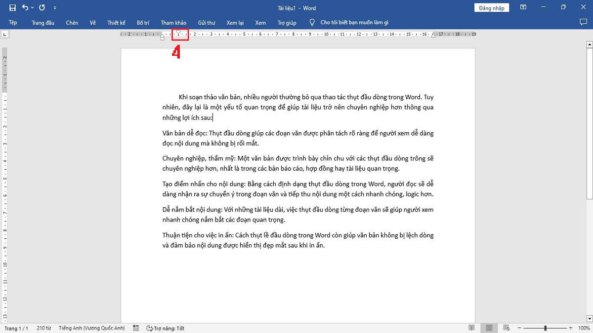 Cách thụt đầu dòng Word bằng thanh thước kẻ bước 3 (Hình minh họa)