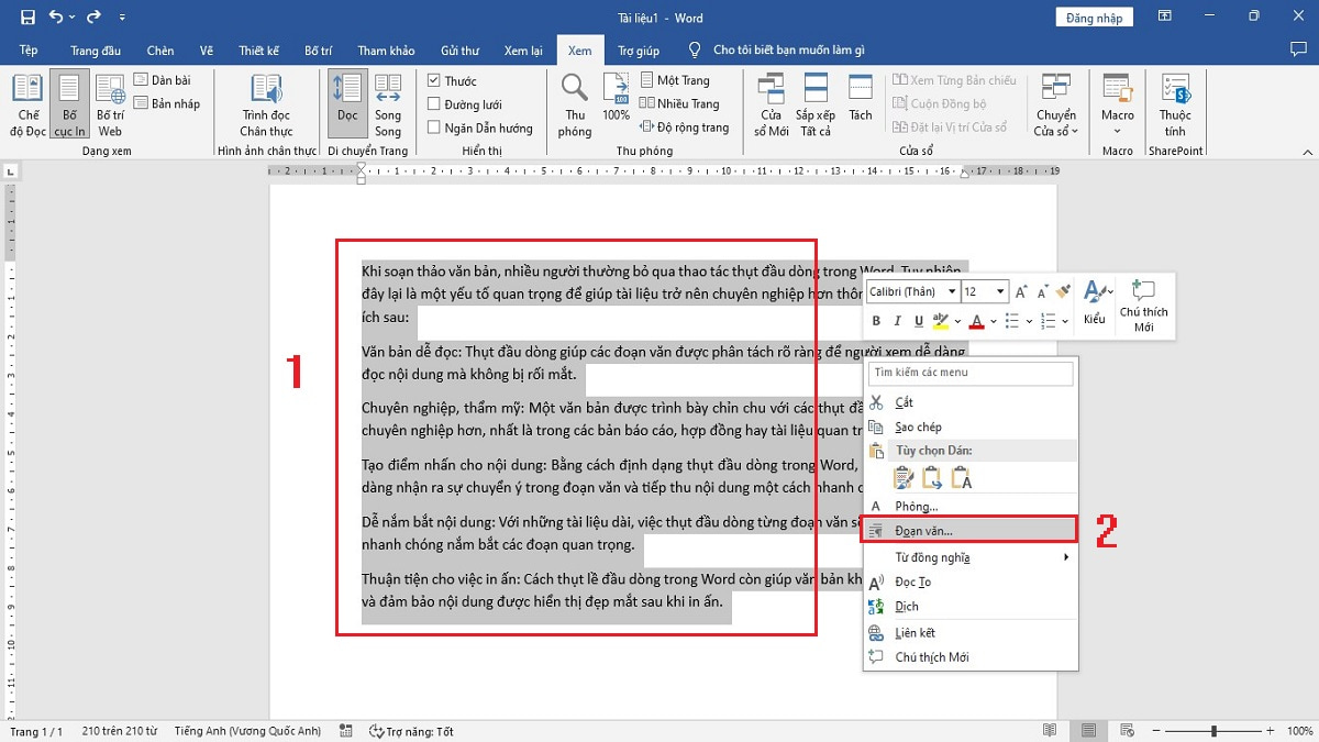Cách thụt đầu dòng Word bằng Paragraph bước 1 (Hình minh họa)