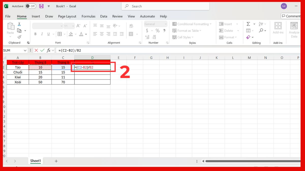 Cách tính tỉ lệ phần trăm chênh lệch trong Excel bước 2