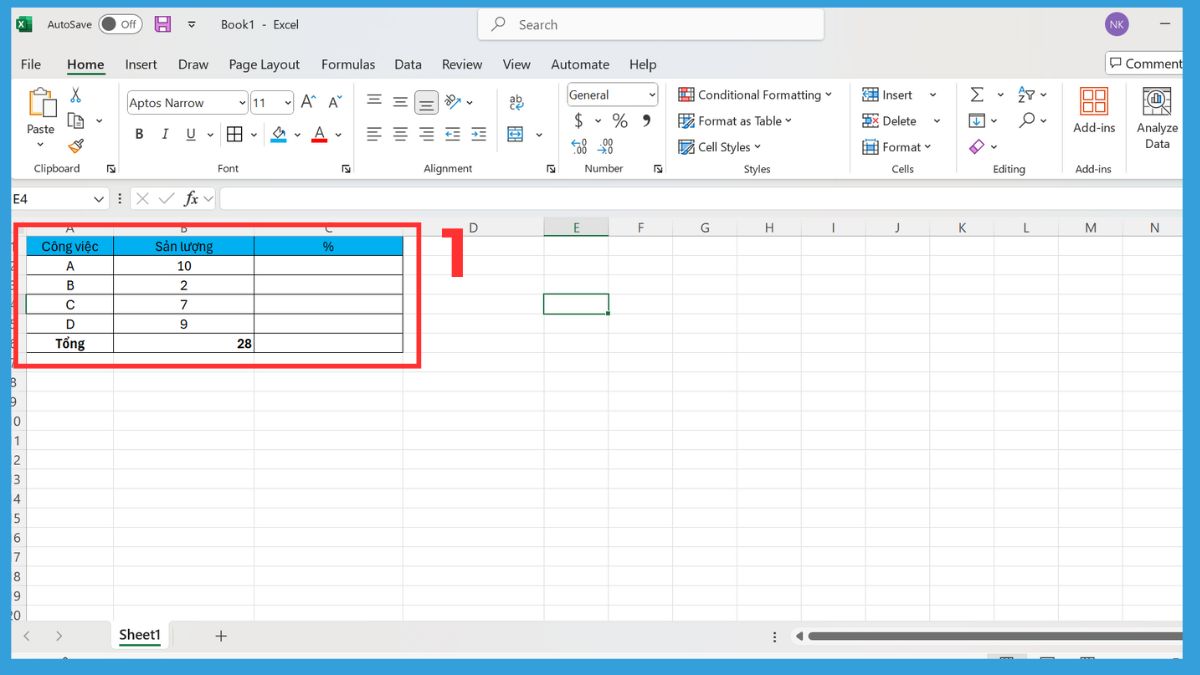 Cách tính tỉ lệ phần trăm lũy tiến trong Excel bước 1