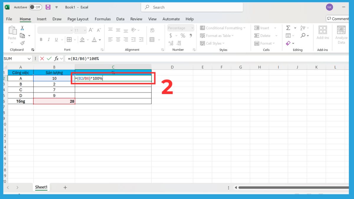 Cách tính tỉ lệ phần trăm lũy tiến trong Excel bước 2