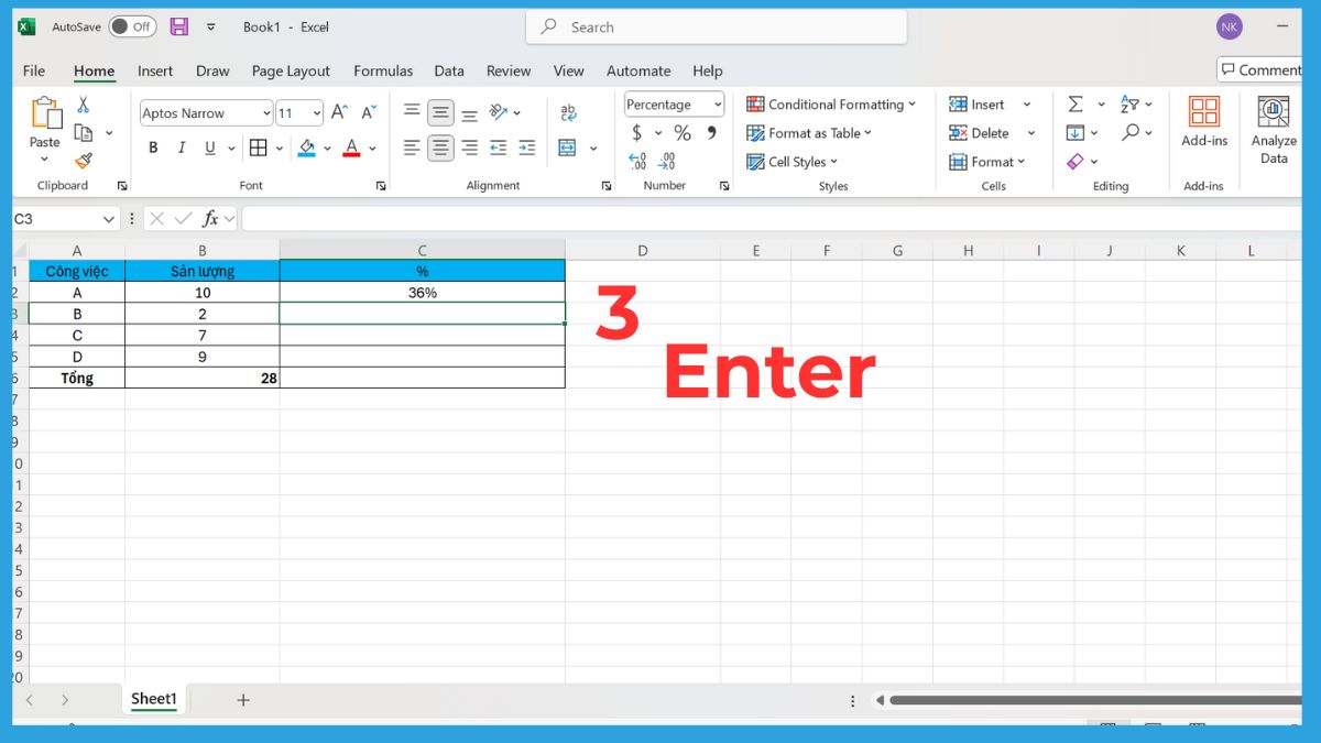Cách tính tỉ lệ phần trăm lũy tiến trong Excel bước 3