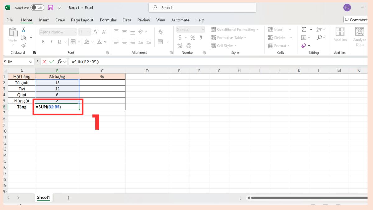 Cách tính tỉ lệ phần trăm tổng nhóm trong Excel bước 1