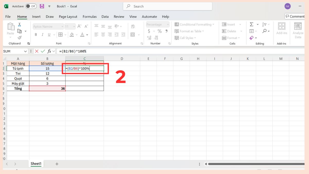 Cách tính tỉ lệ phần trăm tổng nhóm trong Excel bước 2