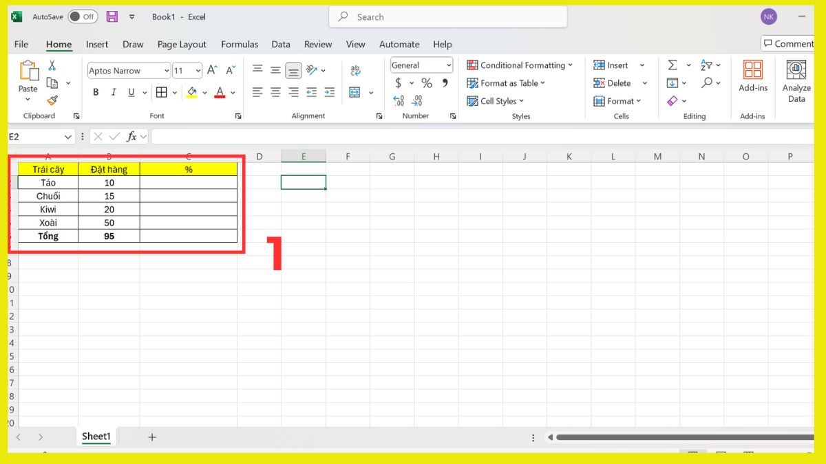 Cách tính tỉ lệ phần trăm trong tổng số trong Excel bước 1
