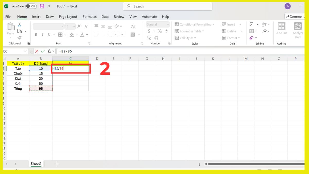 Cách tính tỉ lệ phần trăm trong tổng số trong Excel bước 2