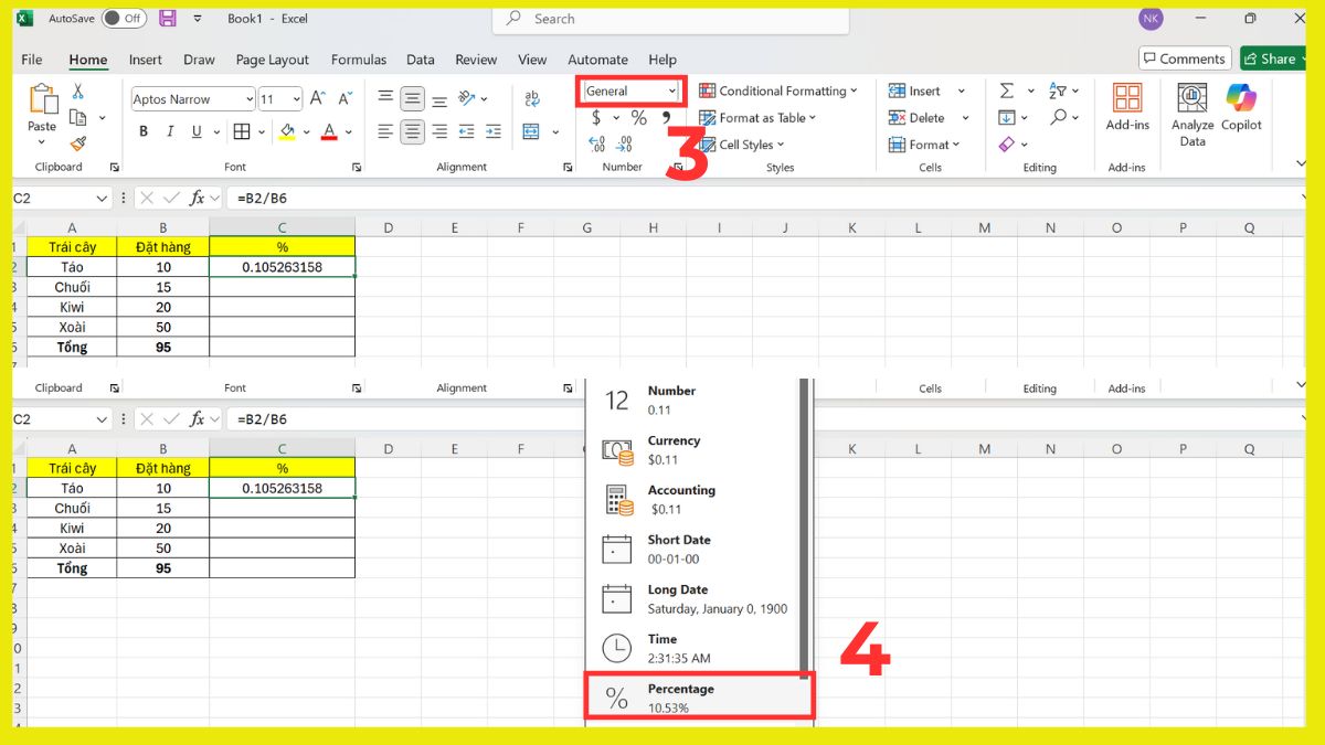 Cách tính tỉ lệ phần trăm trong tổng số trong Excel bước 3