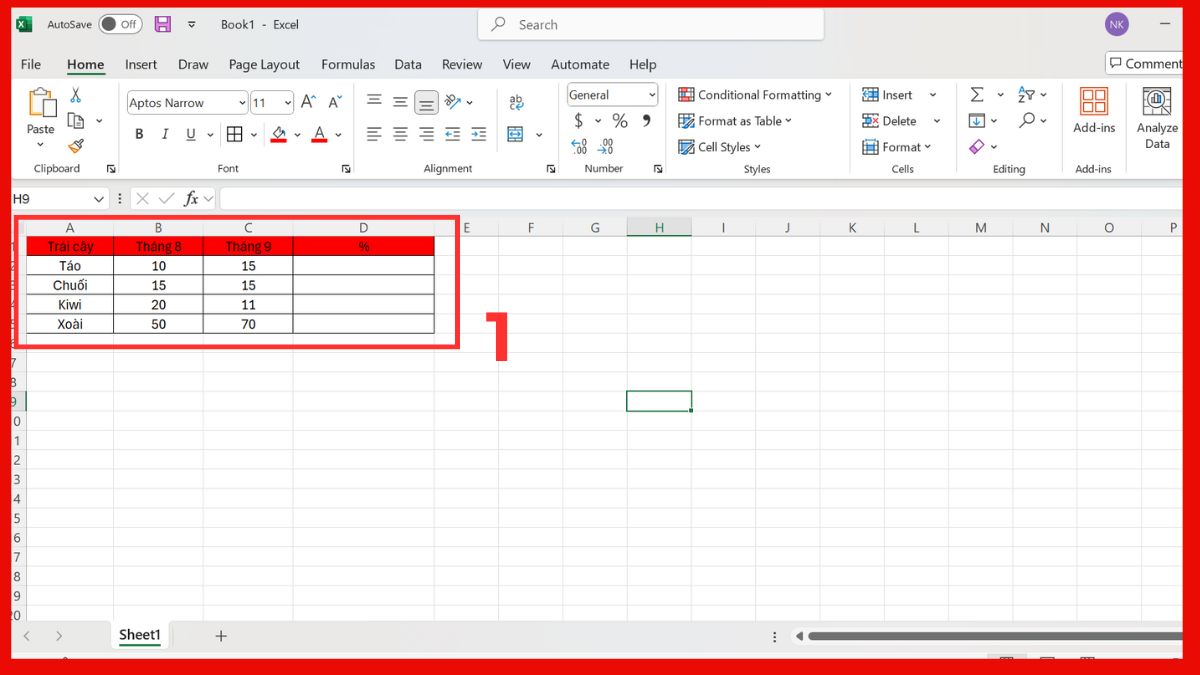 Cách tính tỉ lệ phần trăm chênh lệch trong Excel bước 1