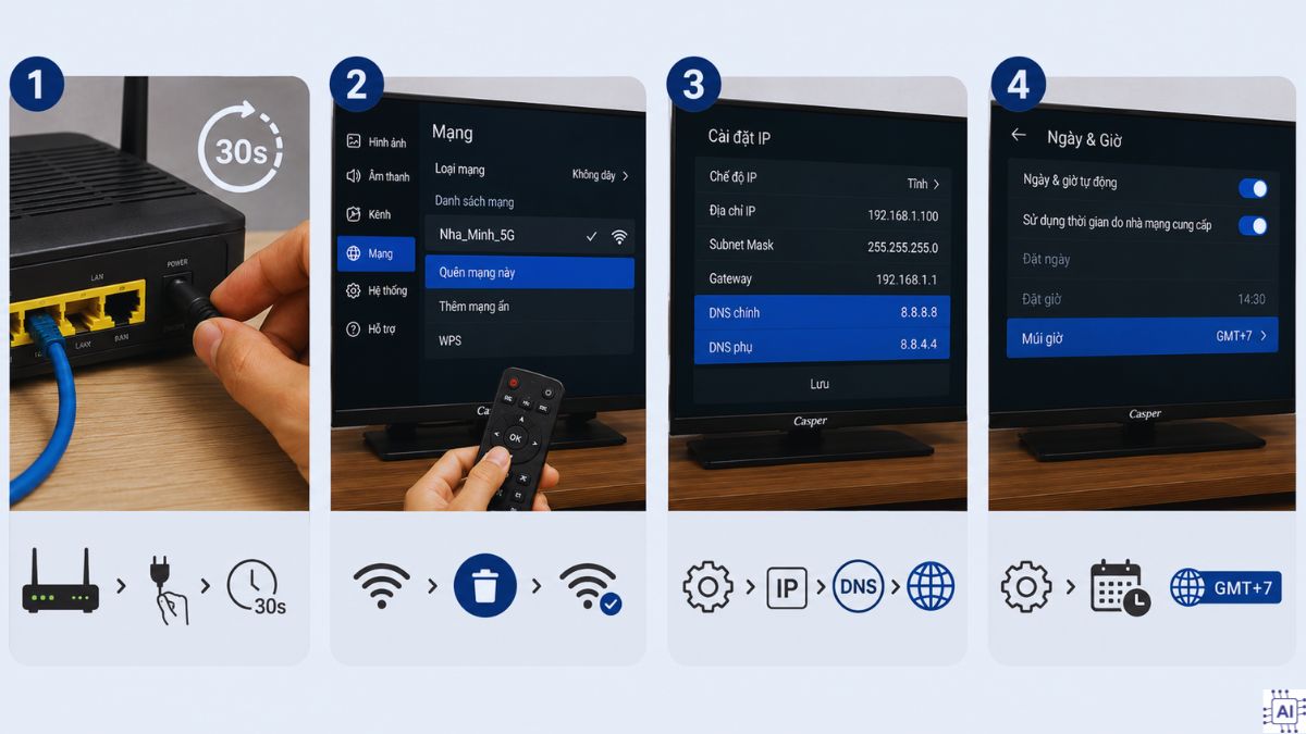 Khắc phục tivi Casper kết nối wifi nhưng không vào được mạng