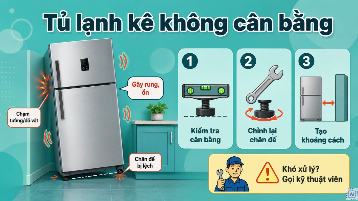 Tủ lạnh bị lệch chân đế hoặc kê không cân bằng