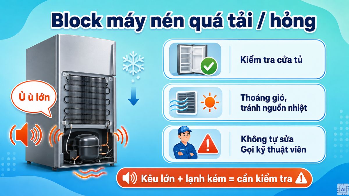 Block máy nén tủ lạnh bị hỏng hoặc quá tải