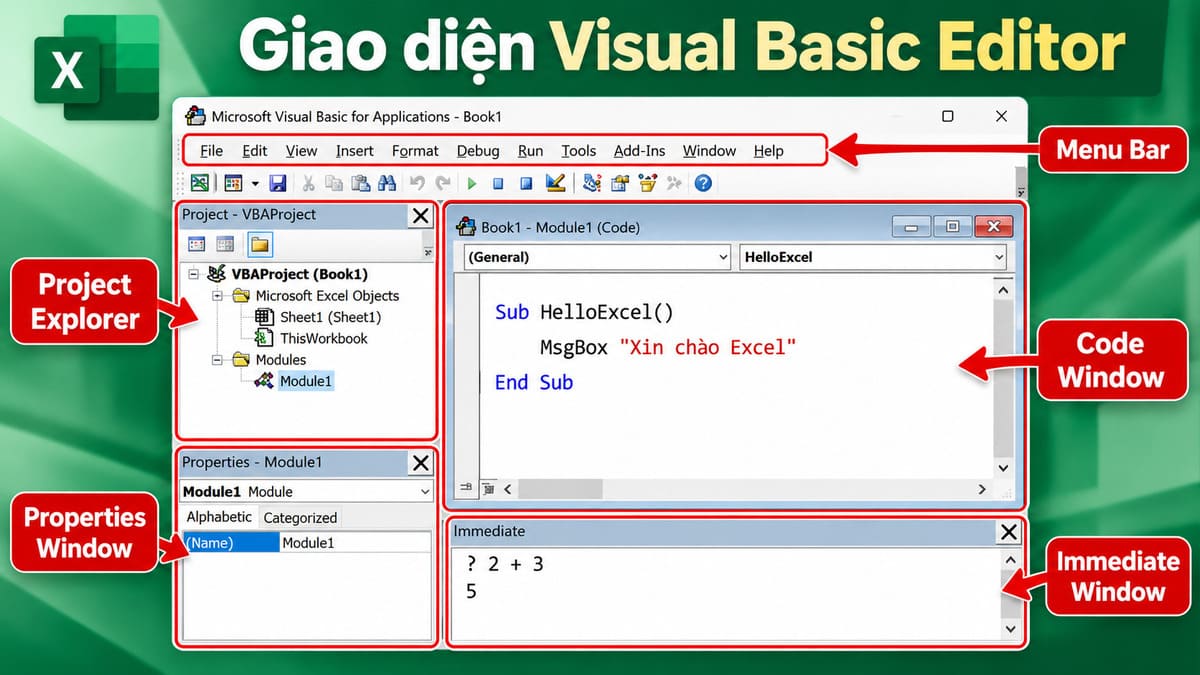 Cấu tạo giao diện Visual Basic Editor VBE