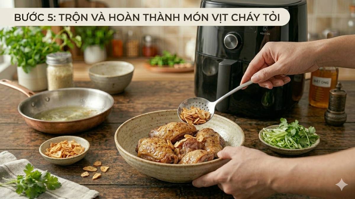 Cách làm vịt cháy tỏi bằng nồi chiên không dầu - Trộn vịt với tỏi phi và hoàn thành