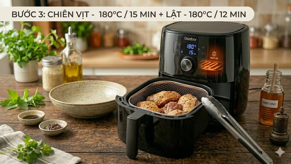 Cách làm vịt cháy tỏi bằng nồi chiên không dầu - Tiến hành chiên vịt bằng nối chiên không dầu