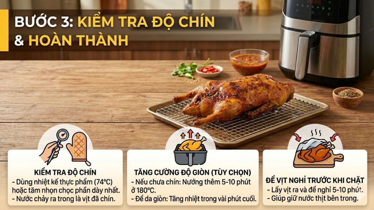 Cách làm vịt nướng chao bằng nồi chiên không dầu - Bước 3 kiểm tra độ chín và hoàn thành
