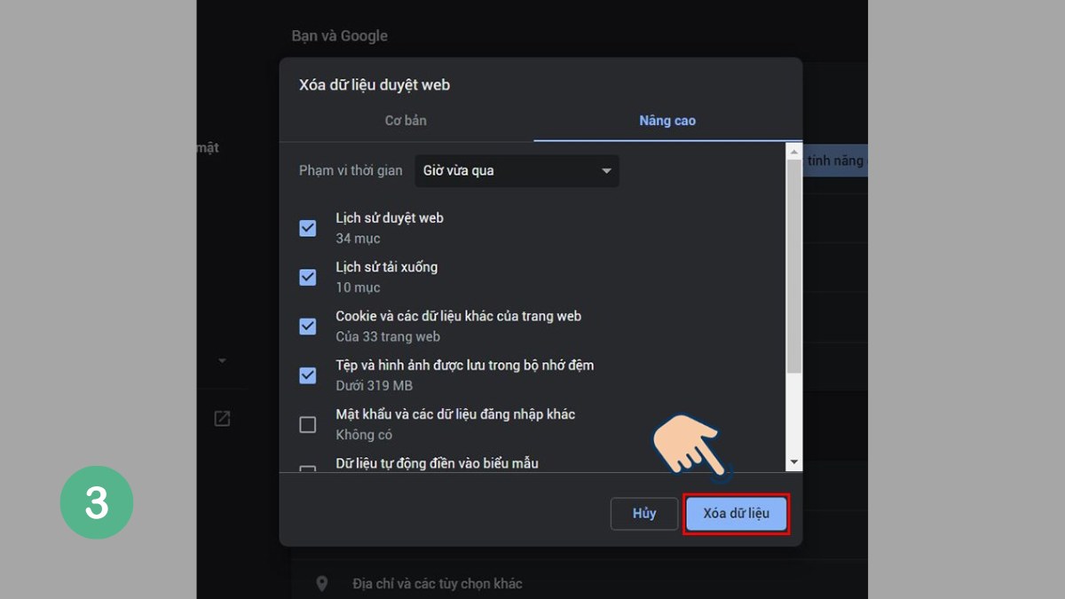 Cách xóa Cache trên trình duyệt Chrome bước 3 (Hình minh họa)
